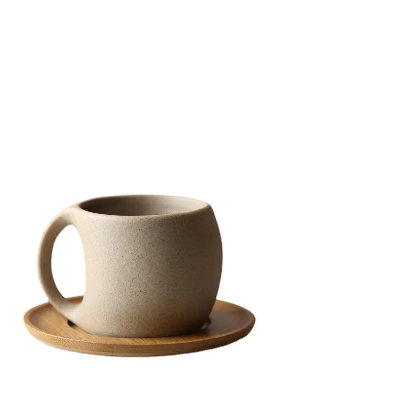 Caneca de Cerâmica Com Pires de Madeira